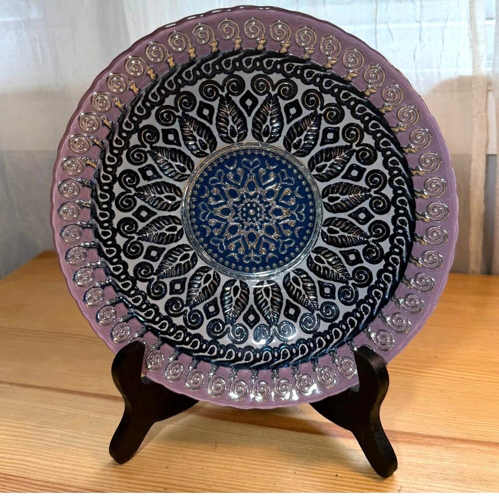 Boho Embossed Glass Plate Purple Blue Decorative 9”